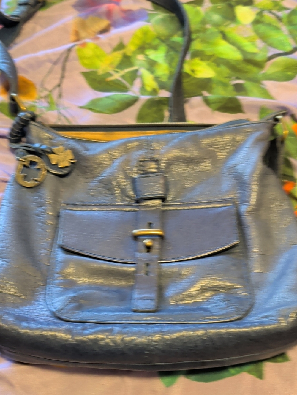 Lucky Brand Navy Leather Shoulder Bag with Front Buckle Pocket and Charm